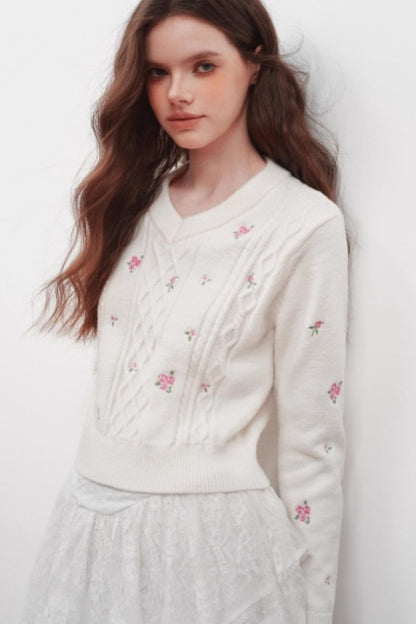 Embroidered V-Neck Knit Sweater