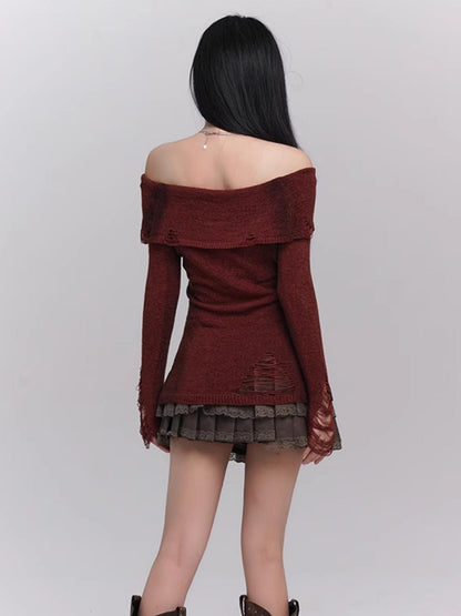 Geistermädchen, Frühherbst, koreanische Atmosphäre, süße und würzige Kleidung, rotes One-Shoulder-Top, High-End-Strickwaren