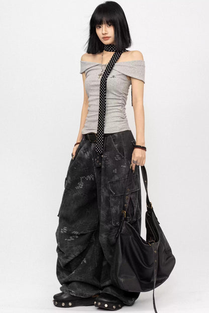 Retro Gray Off-Shoulder Top