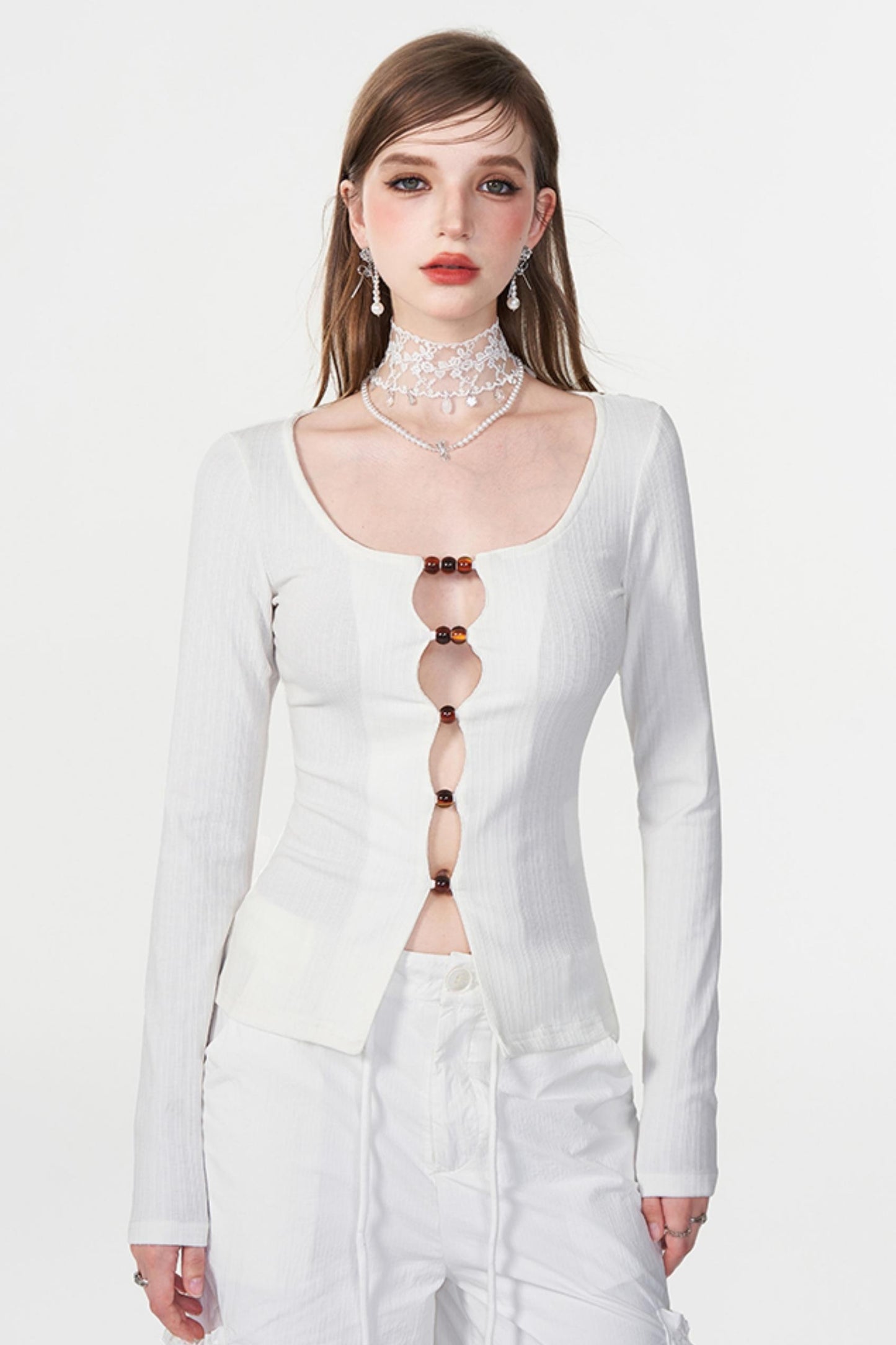 Color Beaded U-Neck Long Sleeve Tee