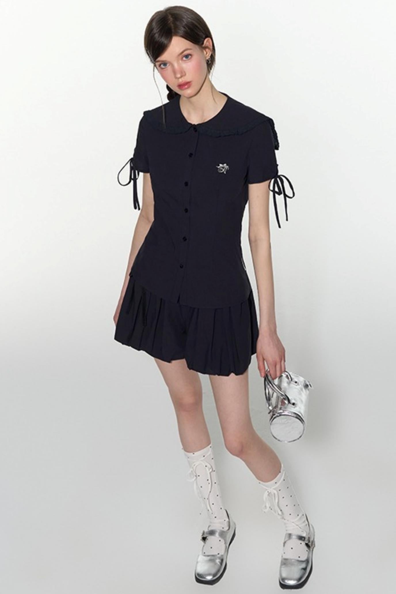 Navy Lace Collar Top & Skirt Set-Up