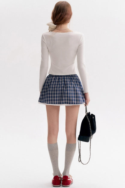 Lace Stitching Check Short Skirt