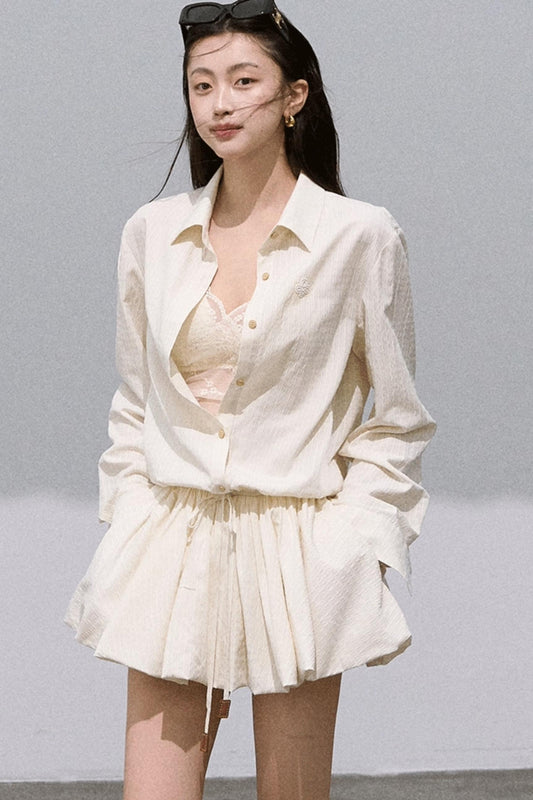 Shirt Style Long-Sleeved Puffy Dress