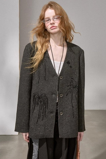 High-Density Beaded V-Neck Jacket