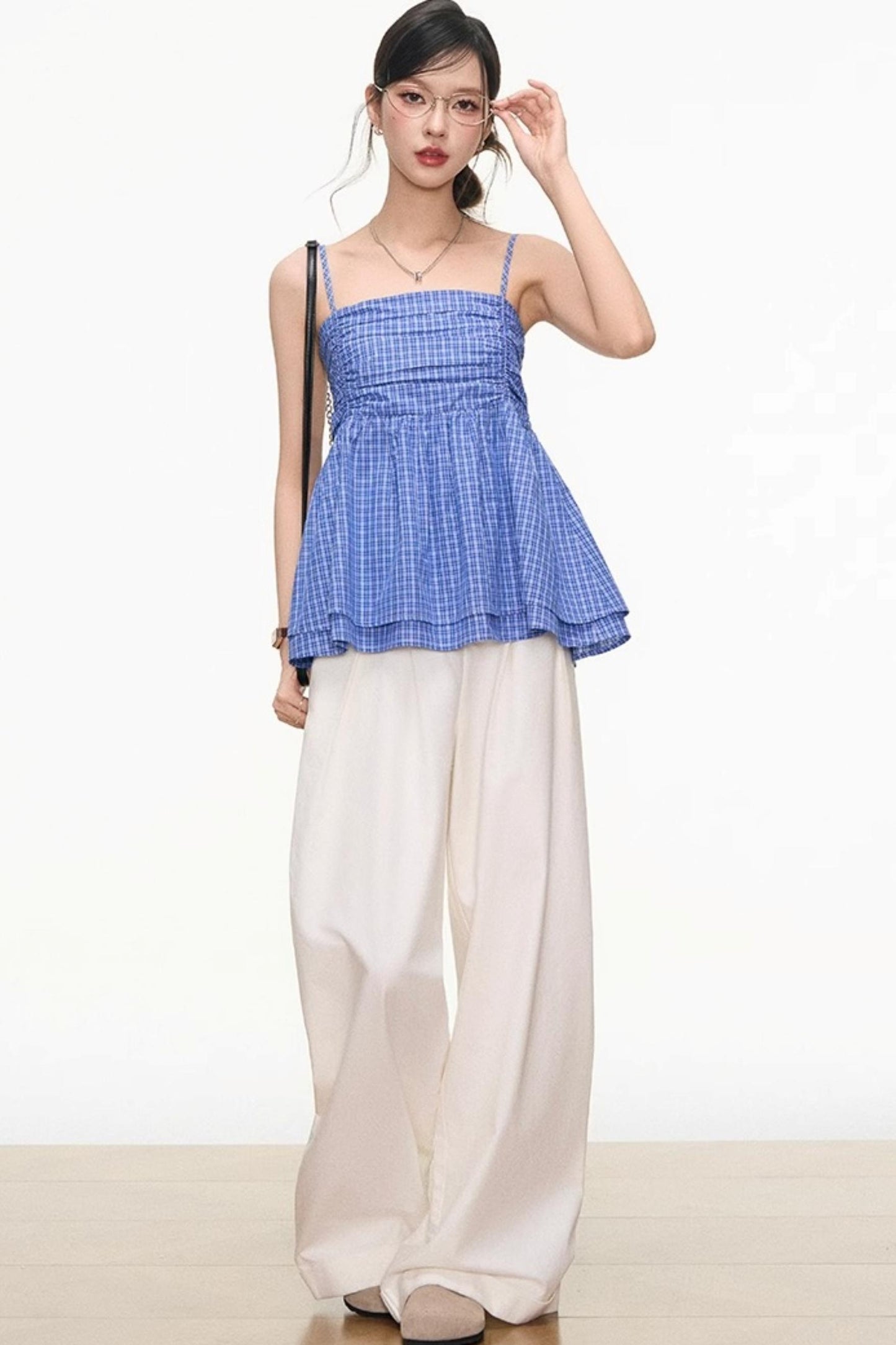 Plaid Strapless Top & White Pants Set-Up