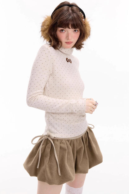 Retro Polka Dot High-Neck Long Sleeve T-Shirt