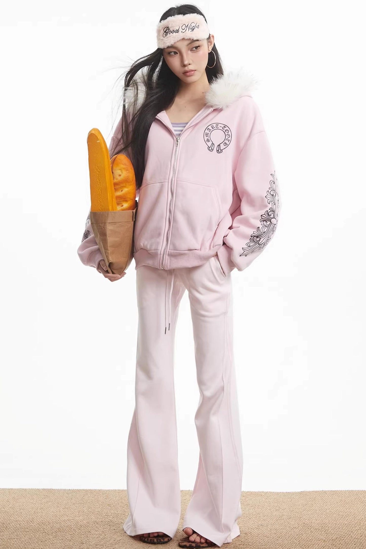 Printed Fur Collar Hooded Jacket