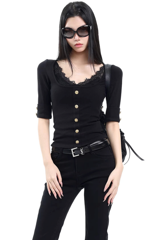 Black Lace V-Neck Top