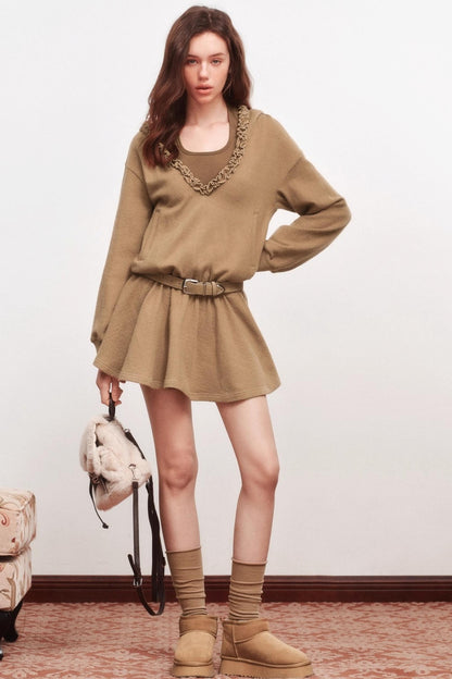 V-Neck Long Sleeve Ruffled Dress