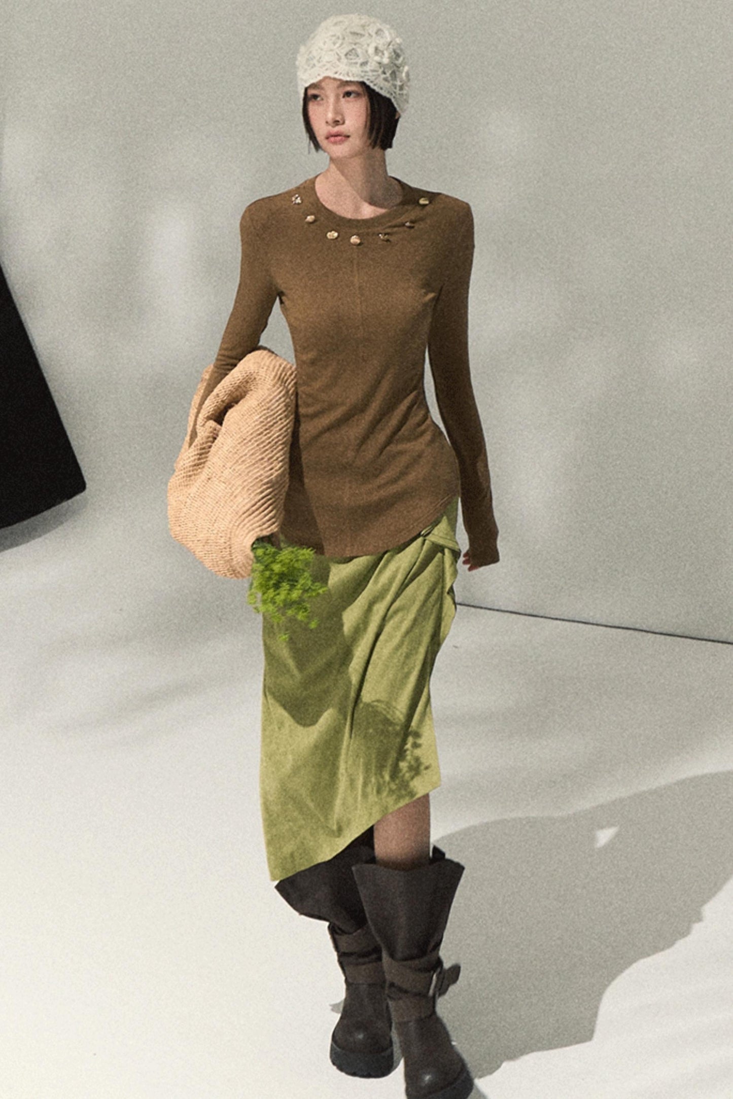 Green Oak Gray Pleated Skirt