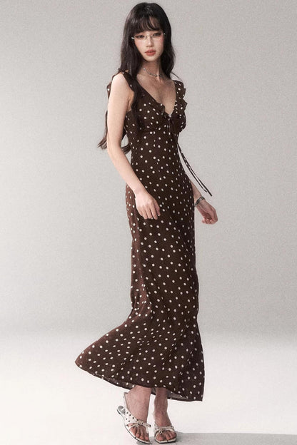 Brown Polka Dot Strap Dress
