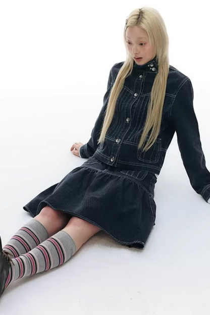 Pleated Denim A-Line Skirt