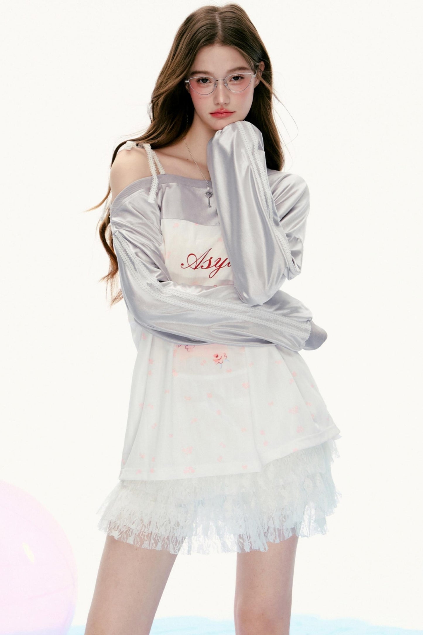 Suspender Design Long-Sleeve Lace T-Shirt