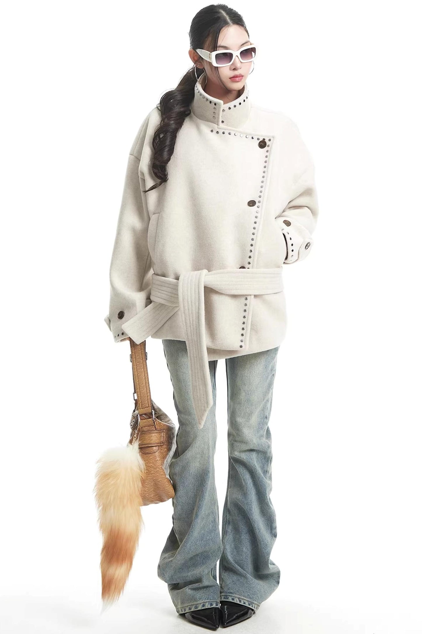 Off-White Woolen Stand-Up Collar Coat