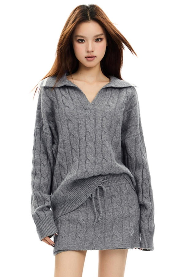 빈티지 롤오버 스웨터 & 스커트 세트 