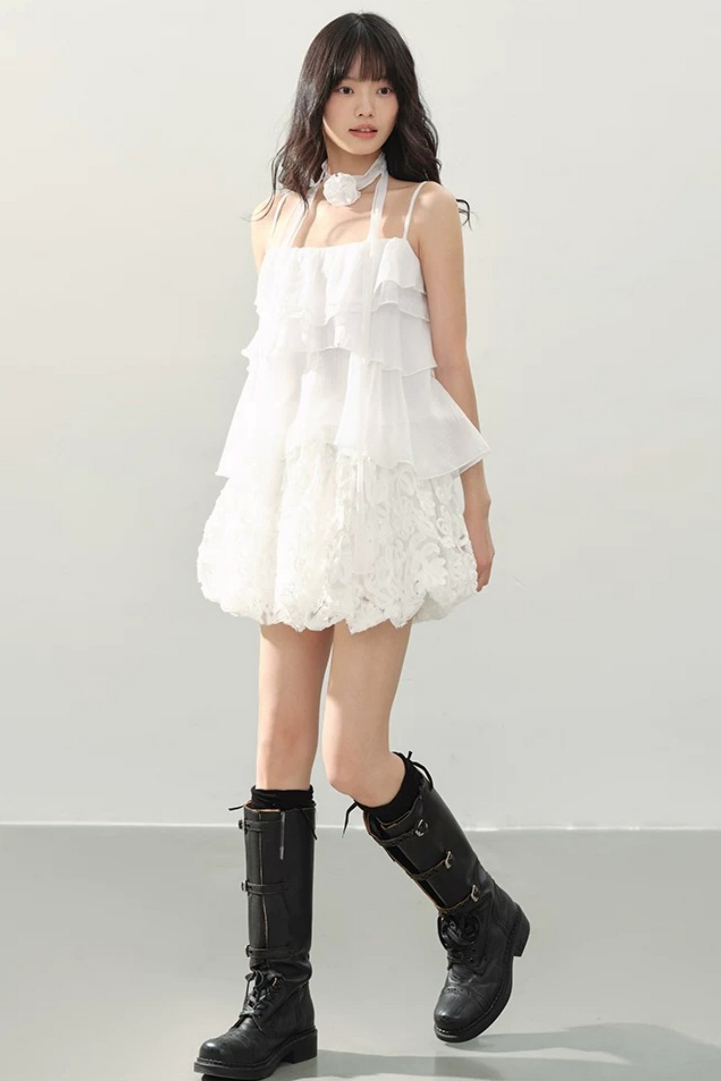 Neck Flower Ruffled Top