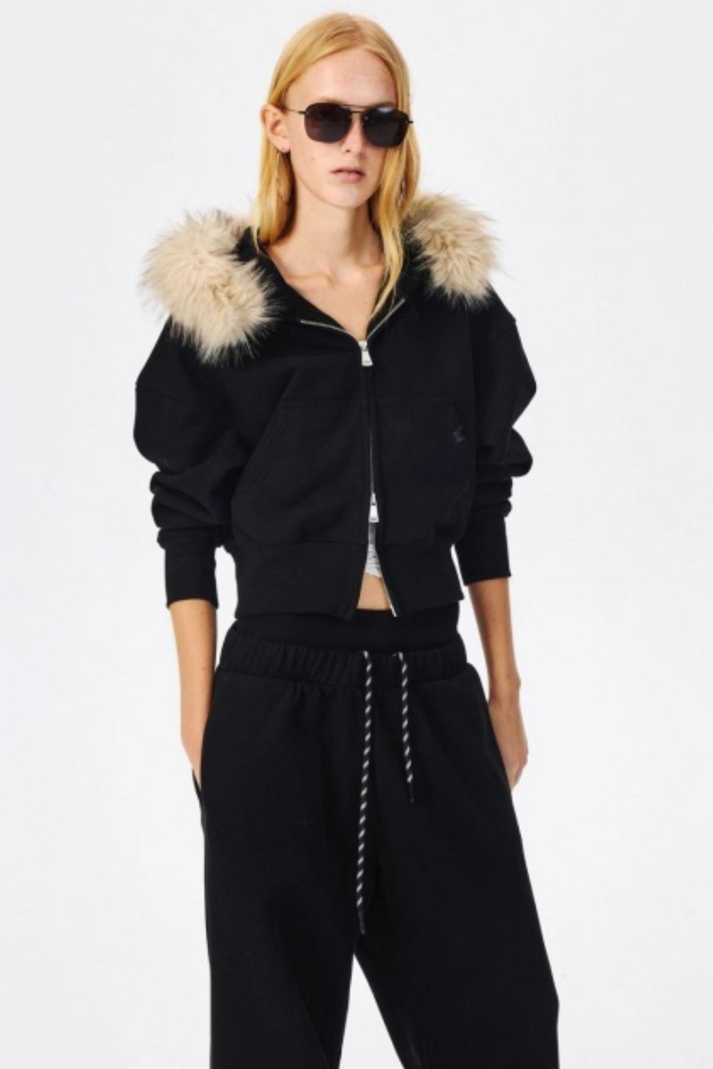 Fur Collar Hooded Sweatshirt Set-Up