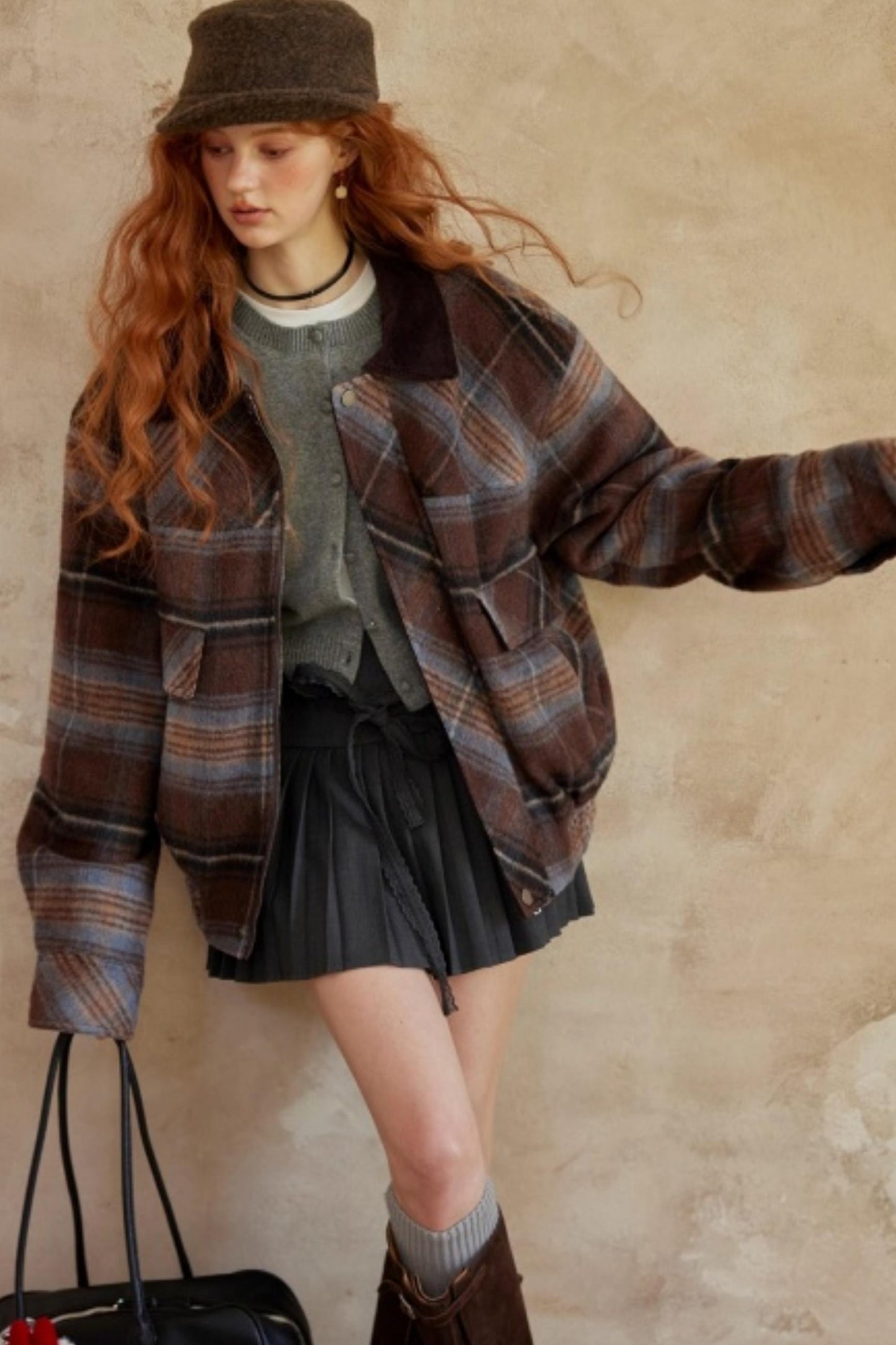 Retro Plaid Lapel Woolen Jacket