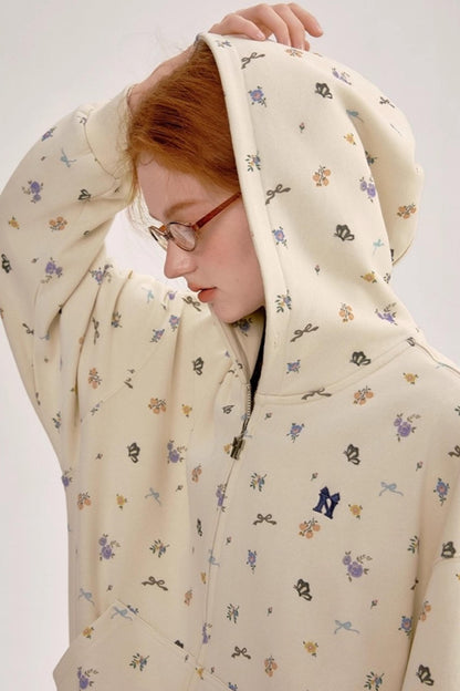 Floral Hooded Sweatshirt Cardigan Set-Up