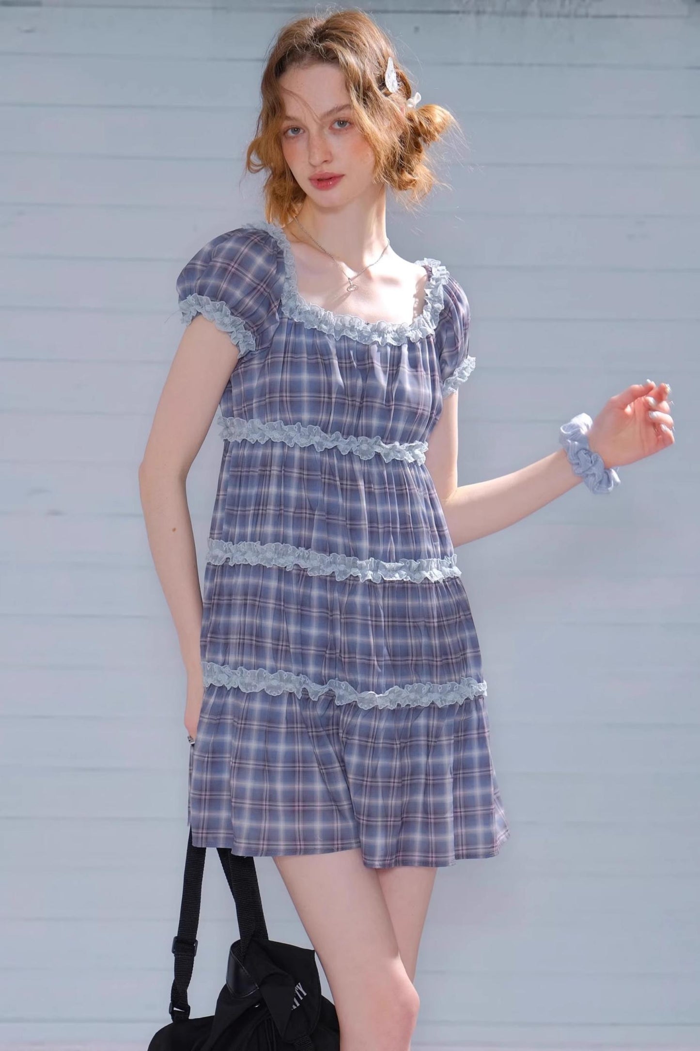 Purple Plaid Puff Sleeve Dress