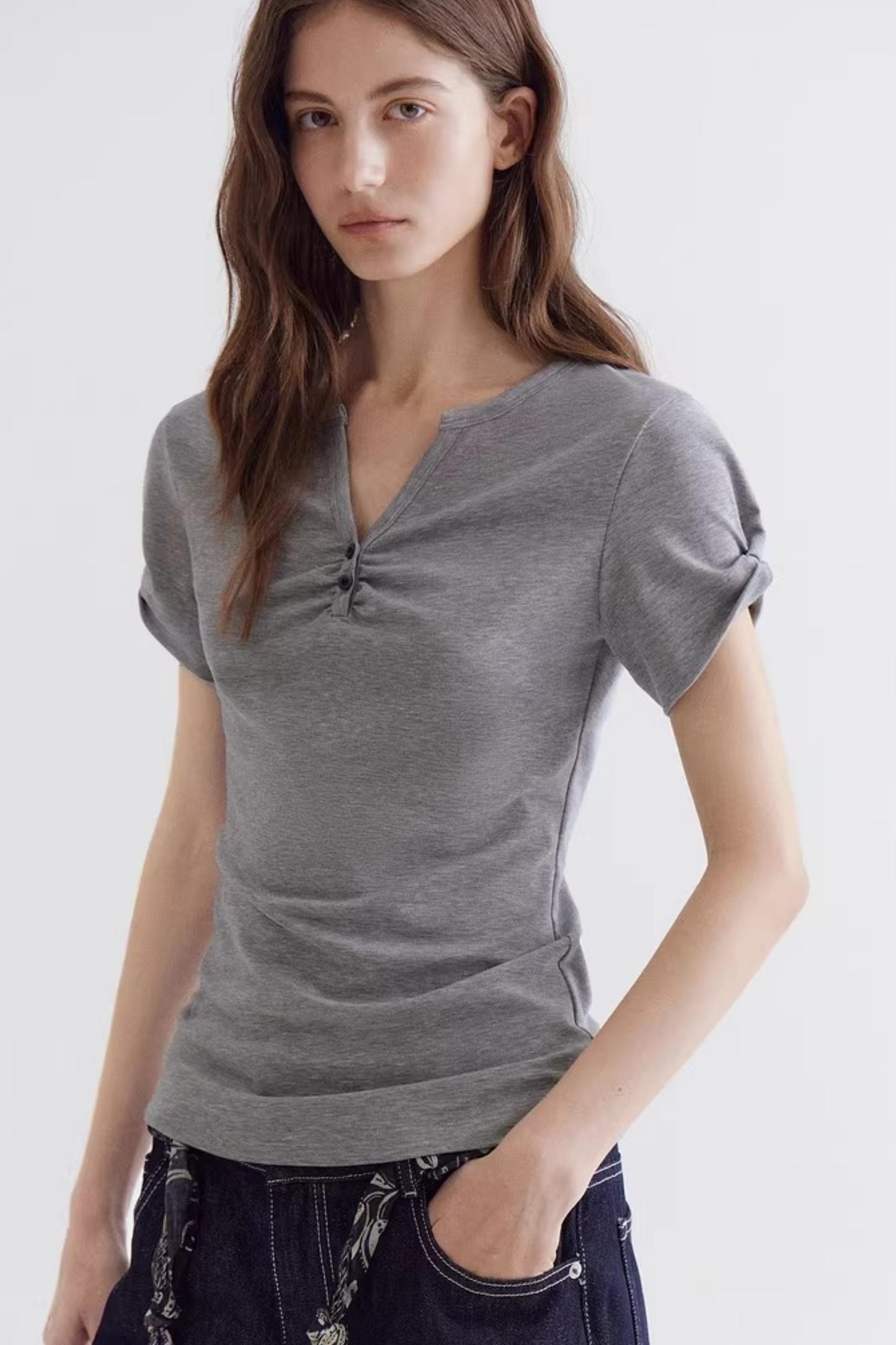 Gray V-Neck Waist-Cinching Top
