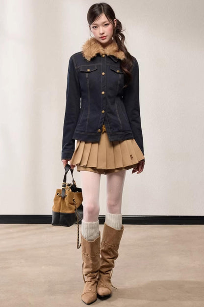 Fur Collar Patchwork Denim Jacket