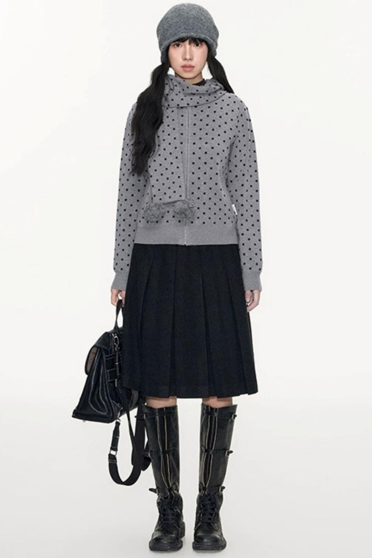 Polka Dot Hooded Knit Sweater Skirt Set-Up