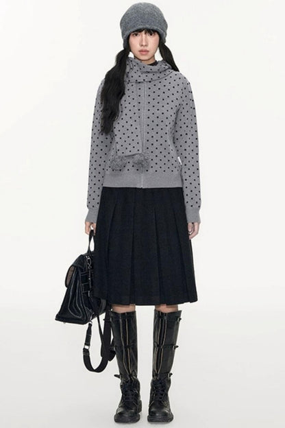 Polka Dot Hooded Knit Sweater Skirt Set-Up