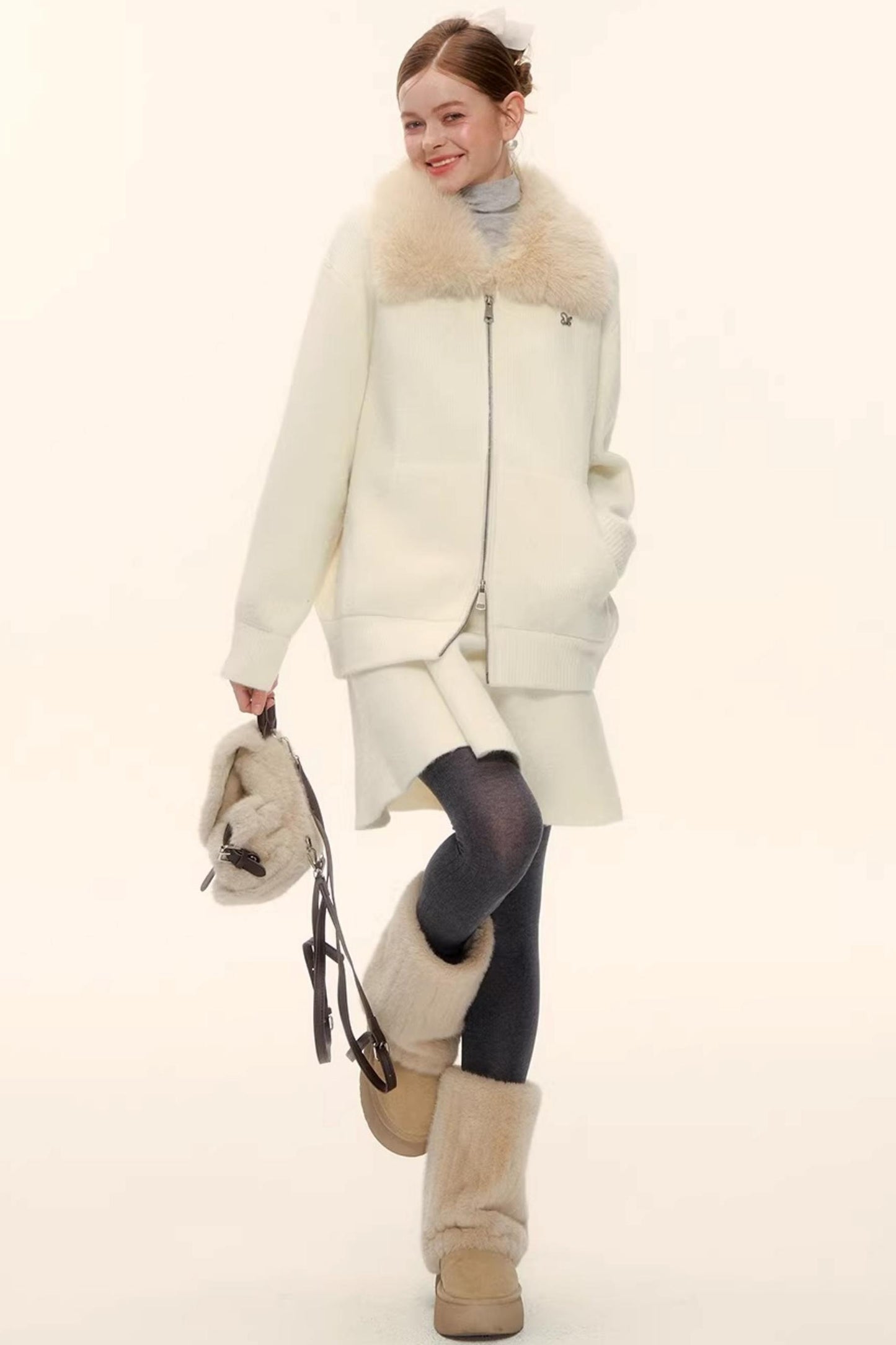 Wool Blend Lapel Fur Collar Coat Set-Up