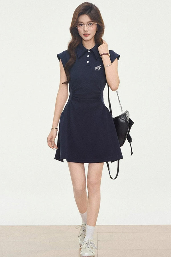 Navy Knitted Polo Dress