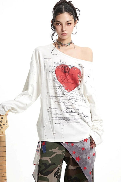 Vintage Love Print Slanted Shoulder T-Shirt