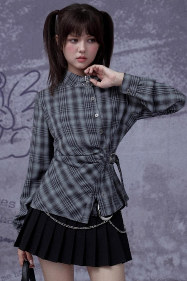 Gray-Blue Irregular Placket Plaid Shirt