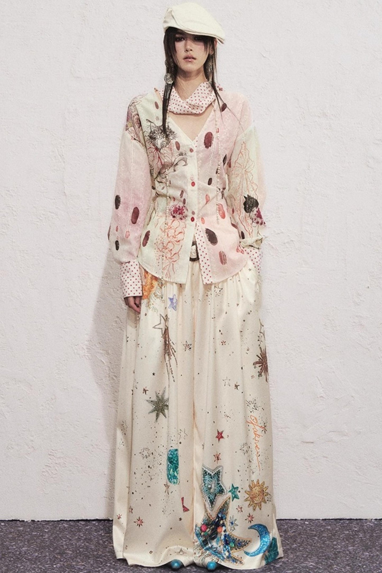 Watercolor Cat Polka Dot Lace-Up Shirt