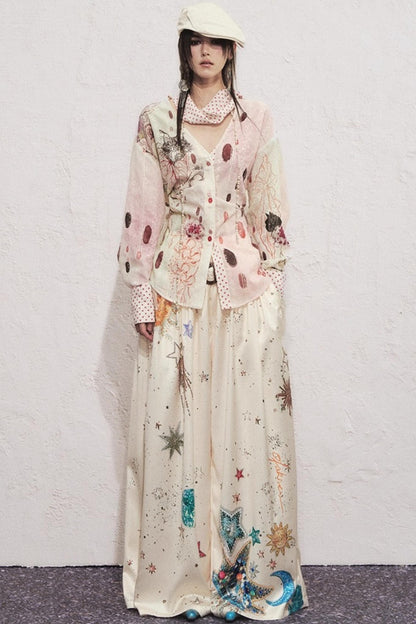 Watercolor Cat Polka Dot Lace-Up Shirt