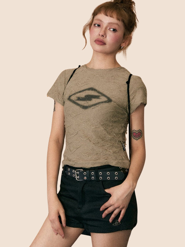 Cropped Destruction Print T-Shirt