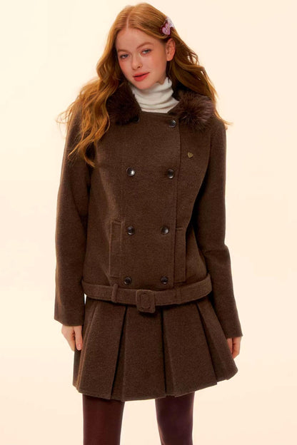 Retro Coffee Woolen Coat Skirt Set-Up