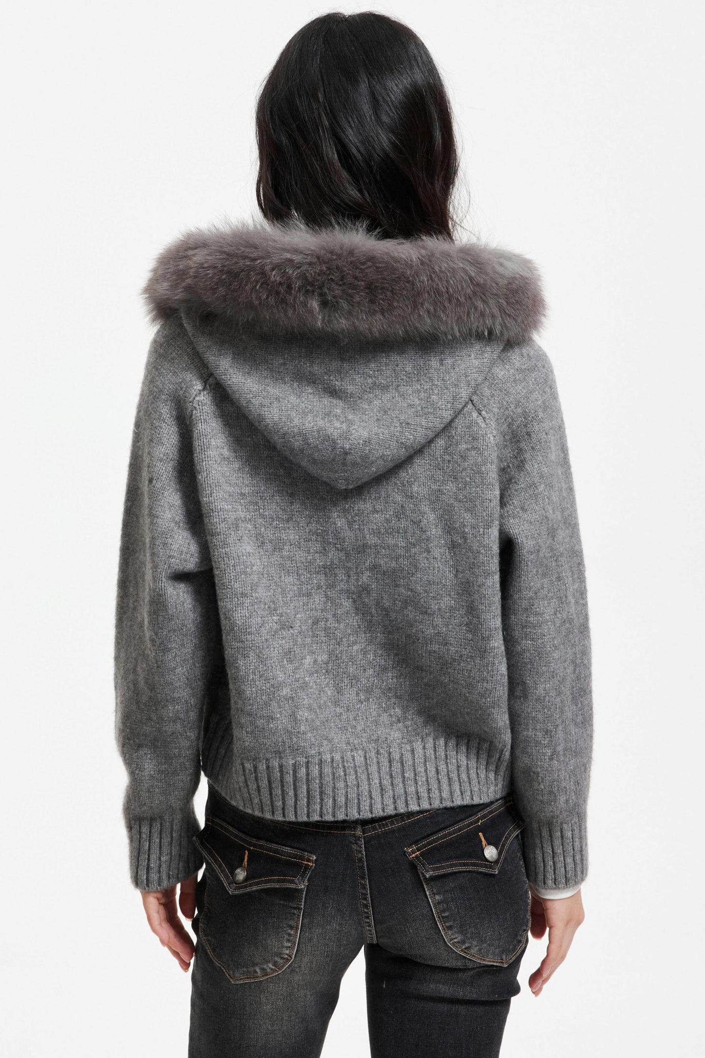 Knitted Sweater Jacket with Fur Collar