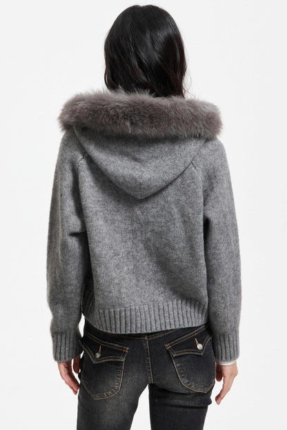 Knitted Sweater Jacket with Fur Collar