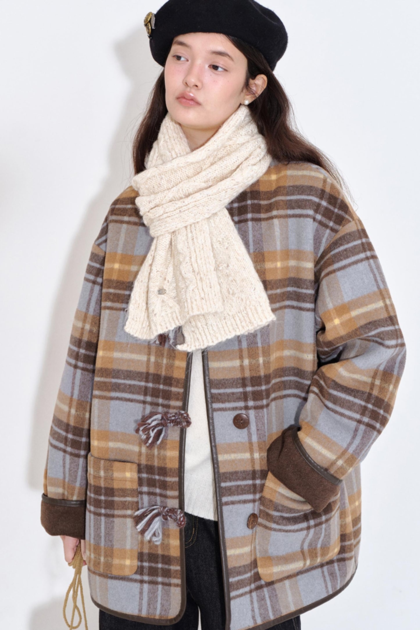 Handmade Textured Plaid Woolen Coat
