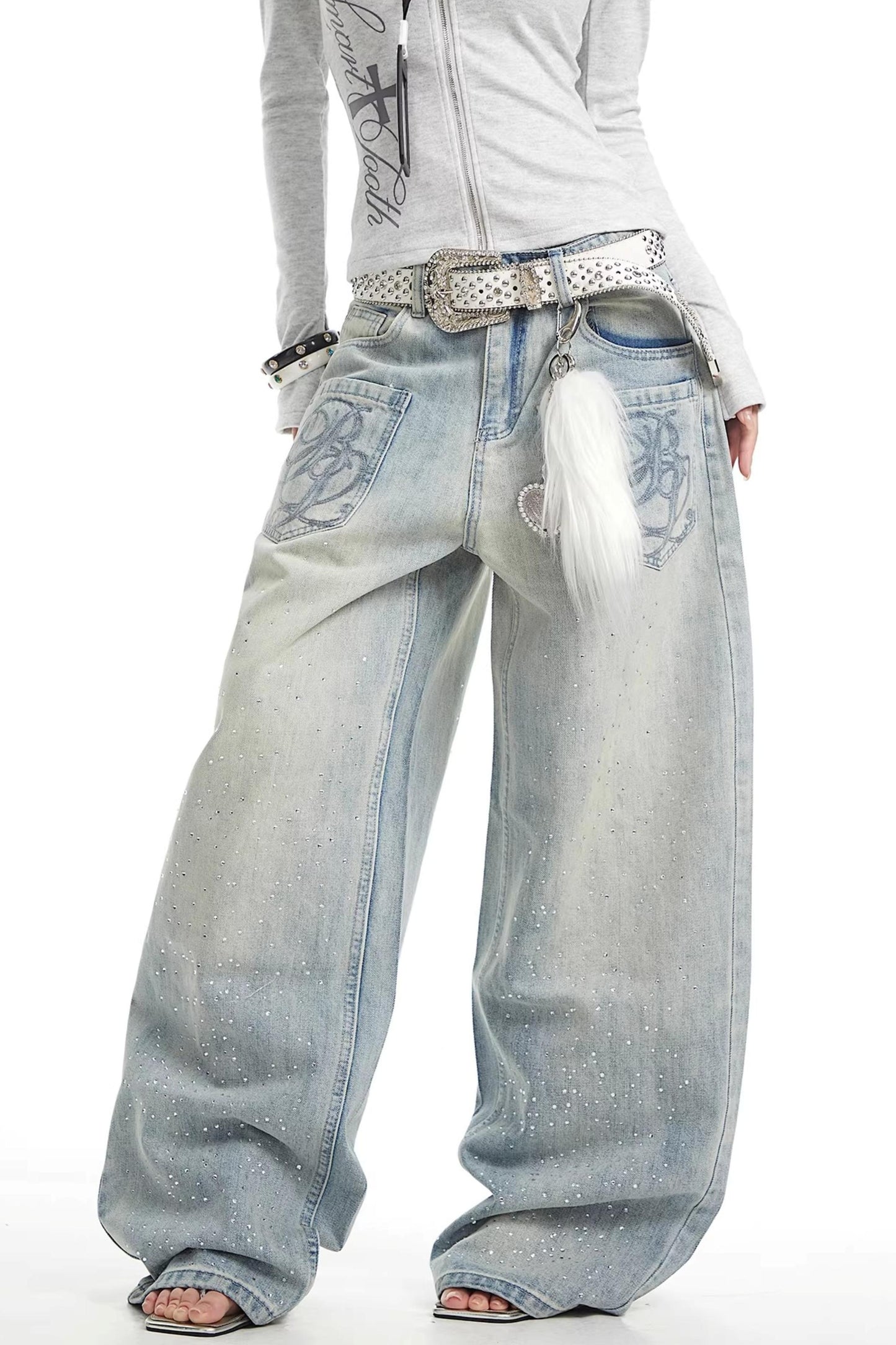 Retro Rhinestone Denim Pants