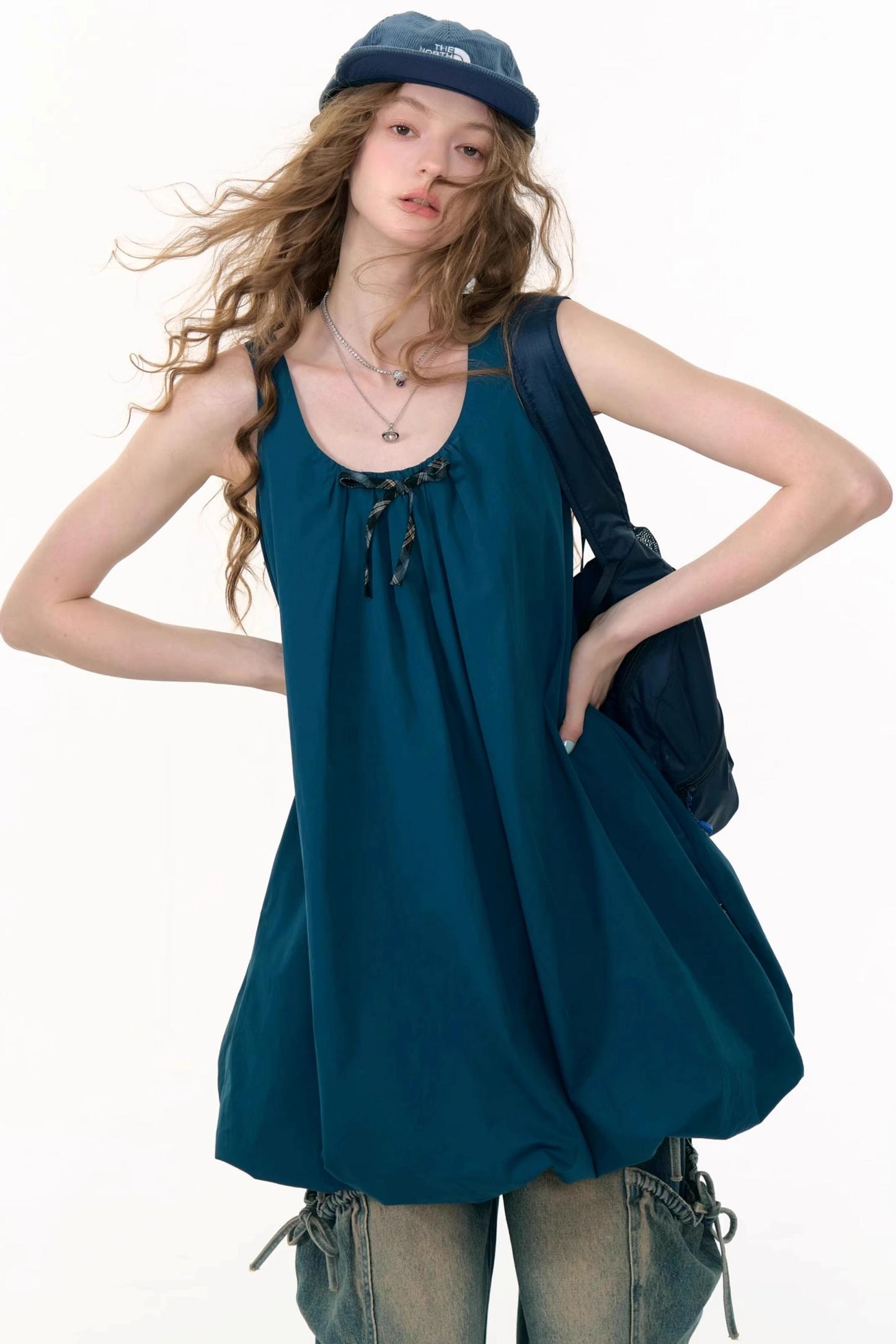 Summer Bow Dark Blue Sleeveless Dress