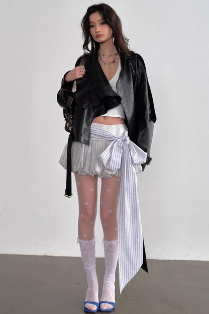 Three-Dimensional Ruffled Faux Leather Jacket