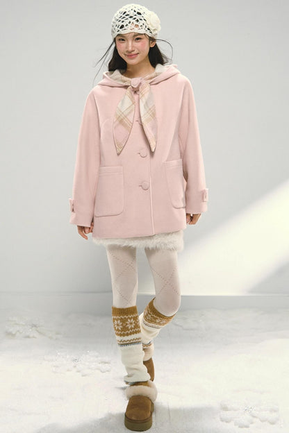 Pink Plaid Hooded Woolen Coat
