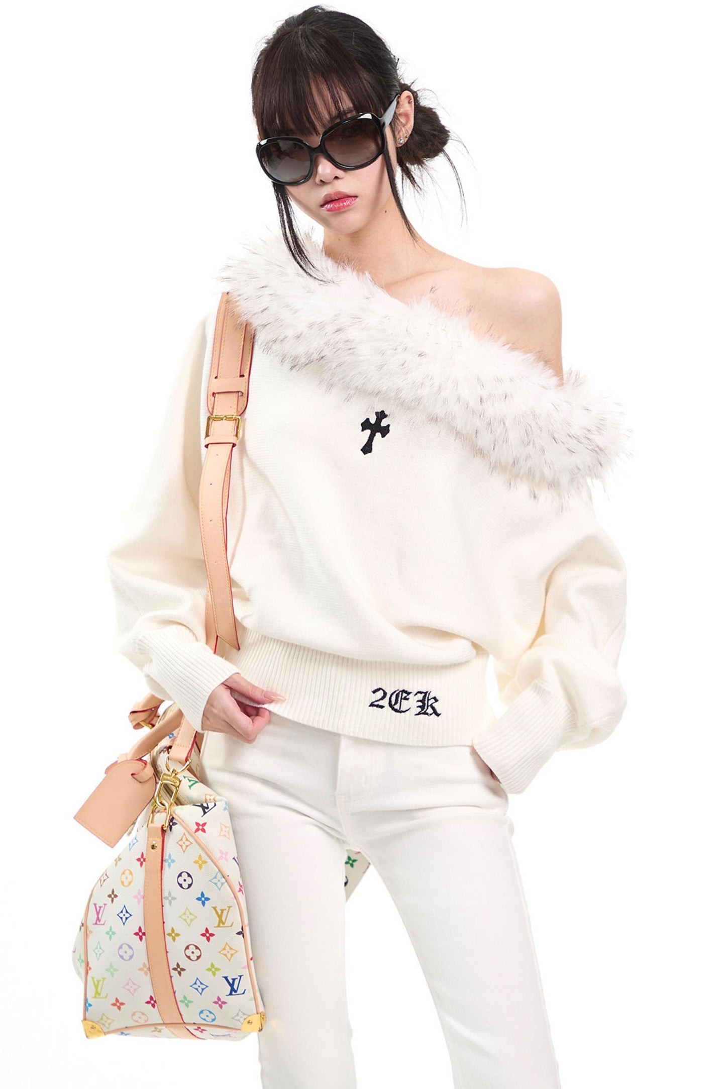 Off-Shoulder Fur Collar Sweater