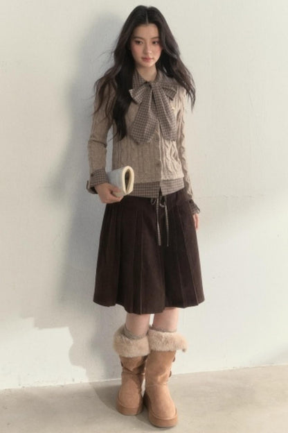 Retro Brown Corduroy Pleated Skirt