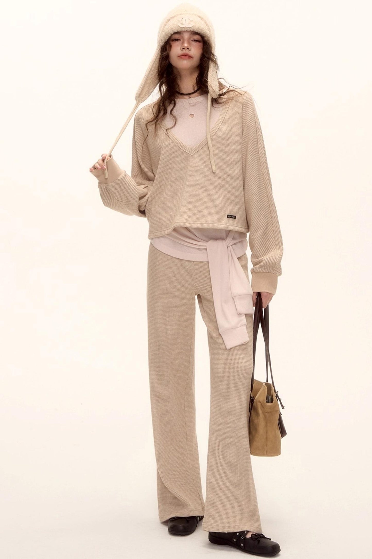 Waffle Knit V-Neck Sweater Set-Up