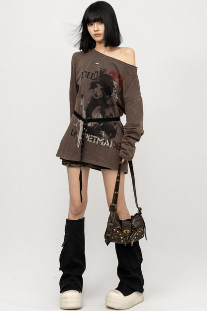Vintage Off-the-Shoulder Long Sleeve T-Shirt