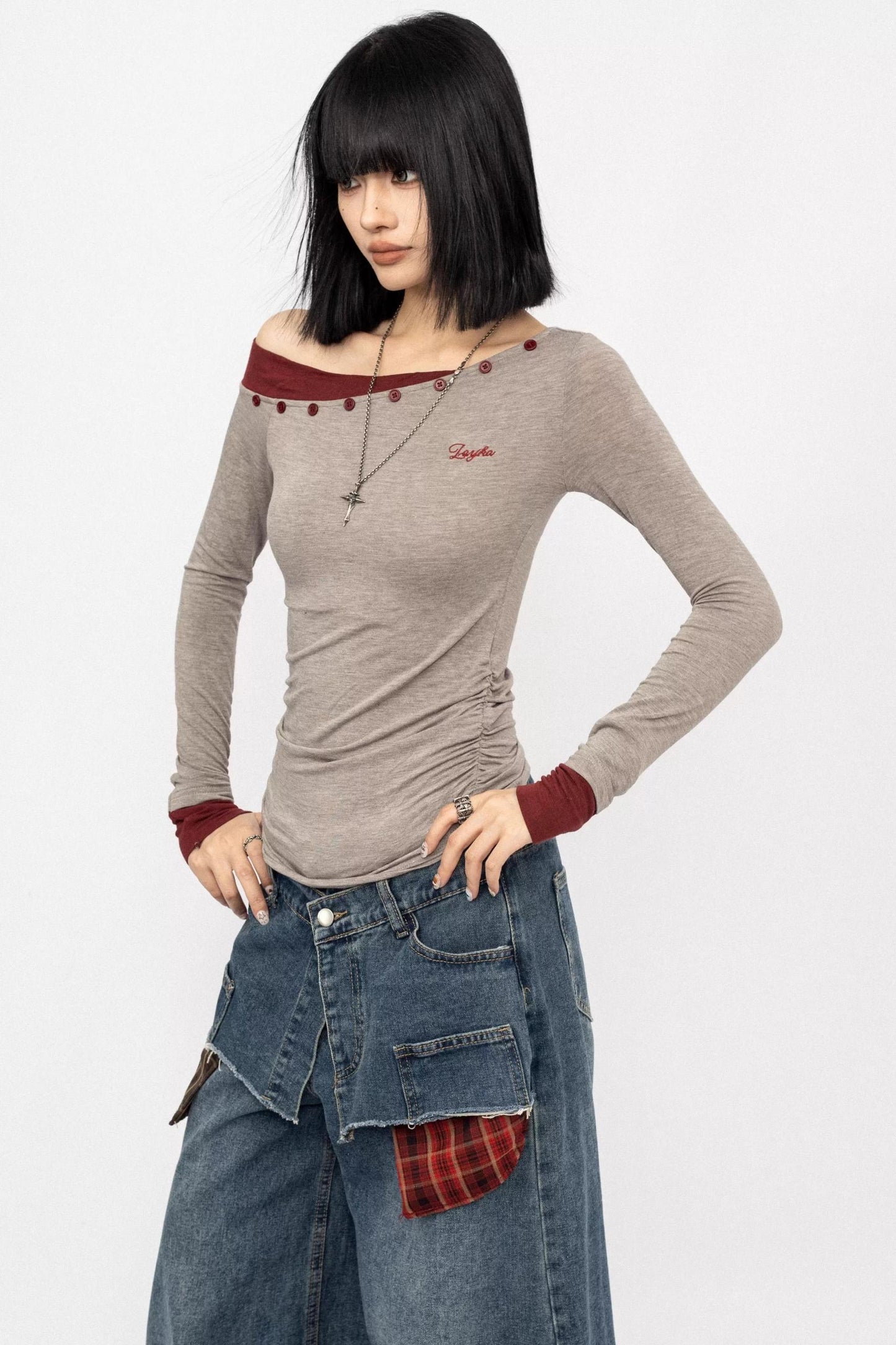 Slanted Shoulder Long Sleeve Slim Top