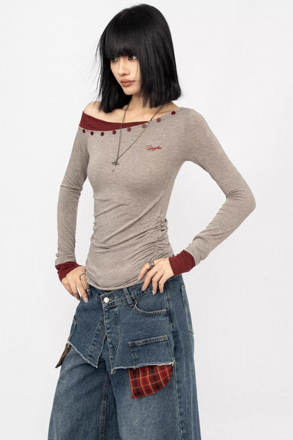 Slanted Shoulder Long Sleeve Slim Top