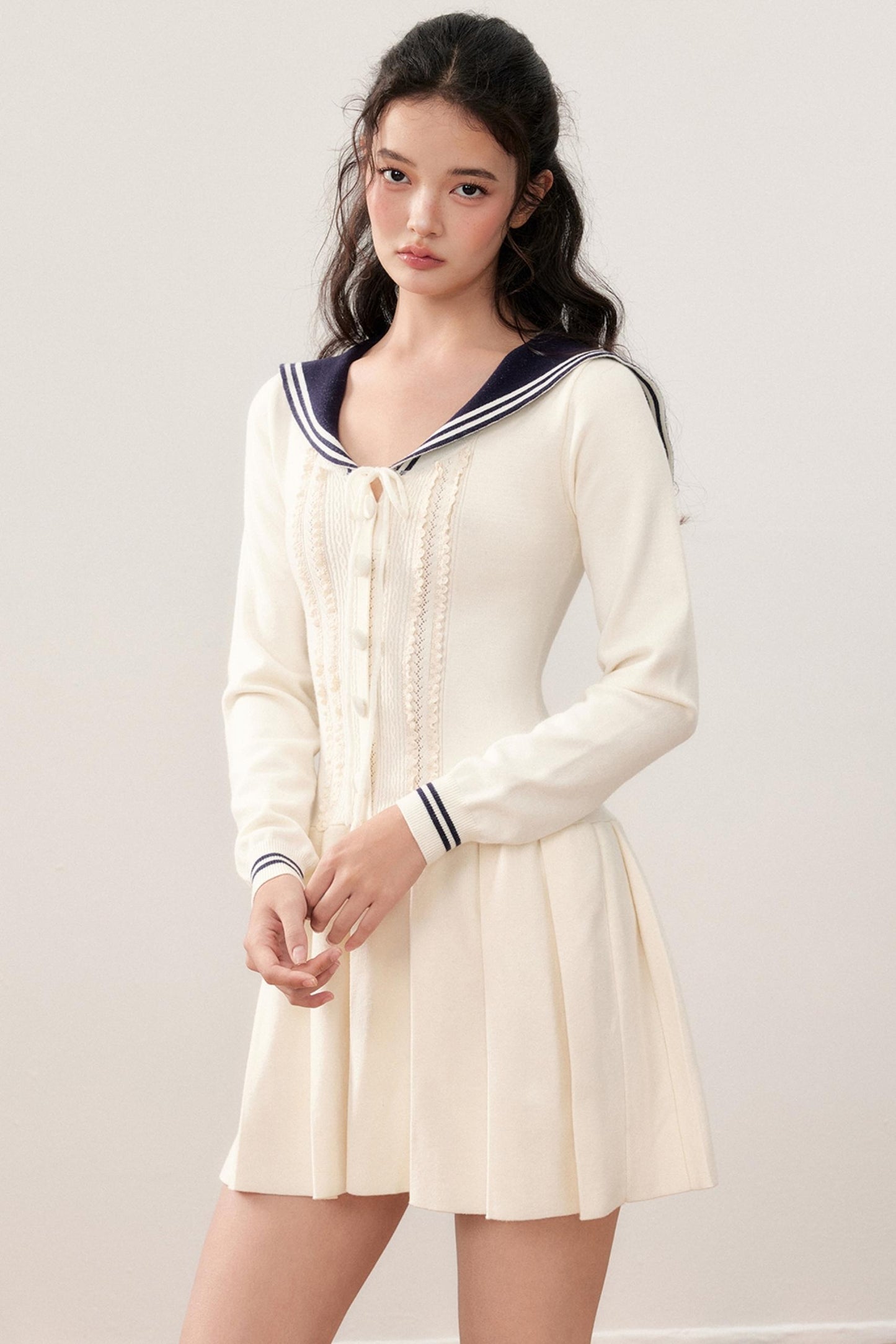 Navy Collar Sailor Sweet Lace Pleated Dress